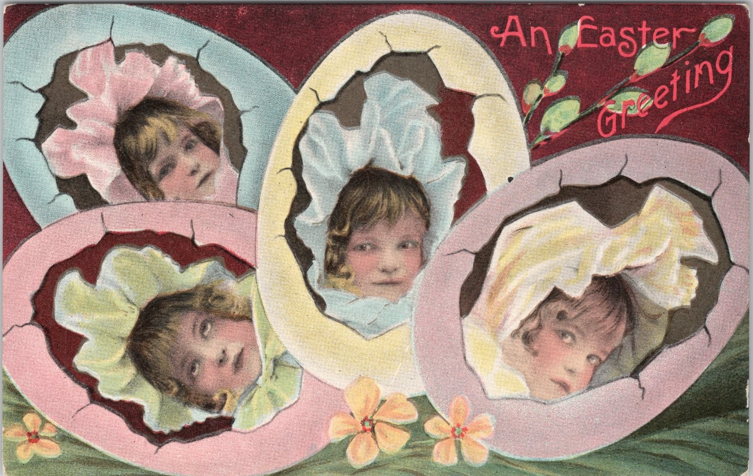 Vintage Easter Greeting Postcard 1909 Children in Cracked Eggs