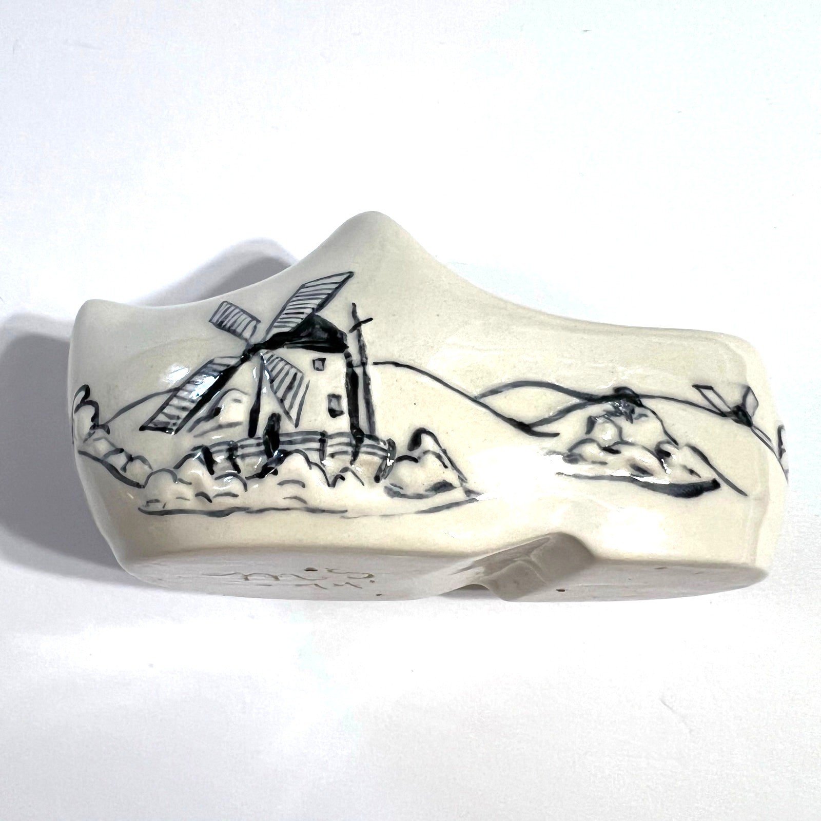 Vintage 1974 Delft Porcelain Clog Dutch Shoe Handmade Windmill Decor Cream Black