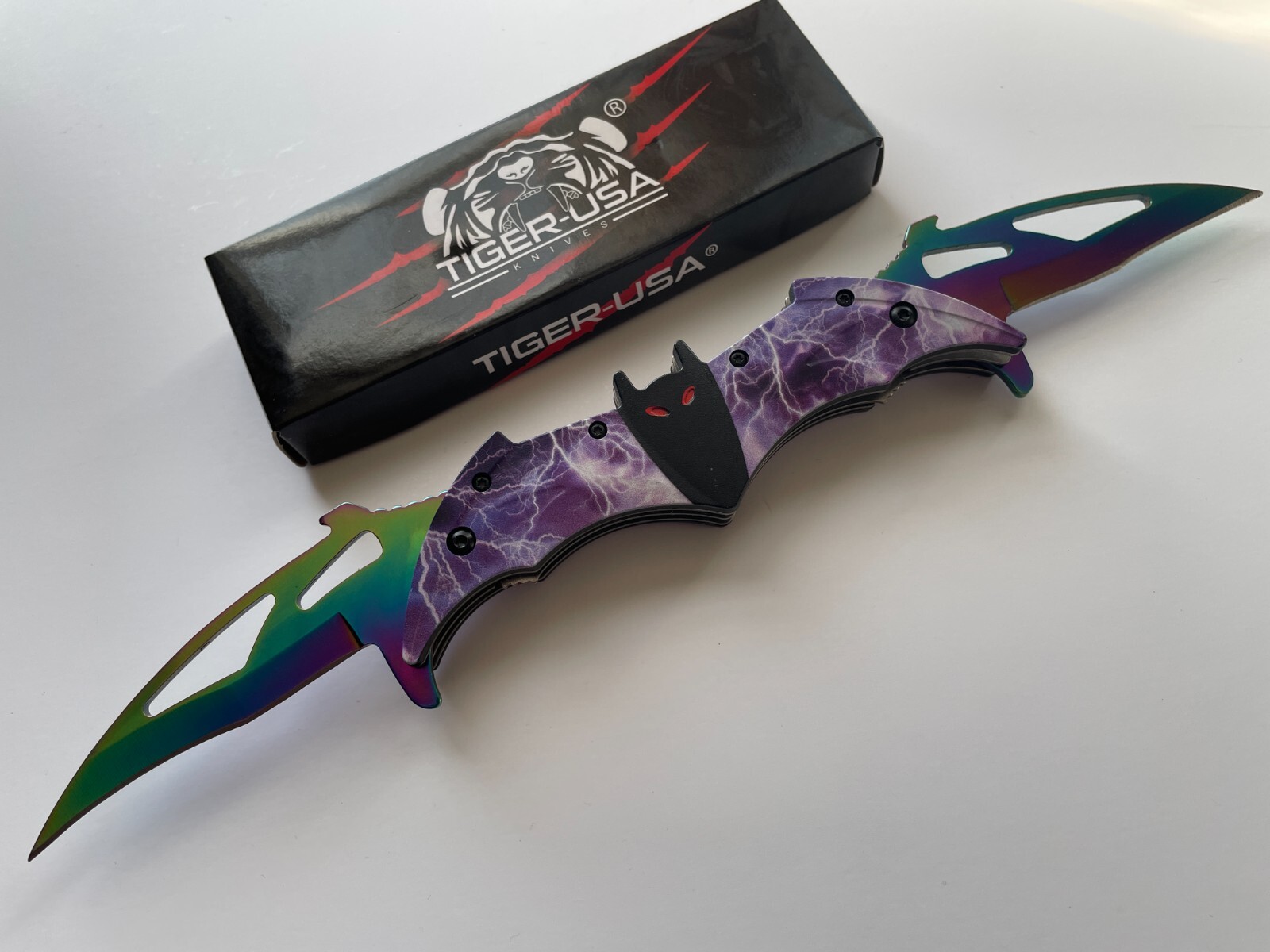 12.25″ Spring Assisted Double Blade Bat Shape Knife Rainbow Blades SJ-1004-B