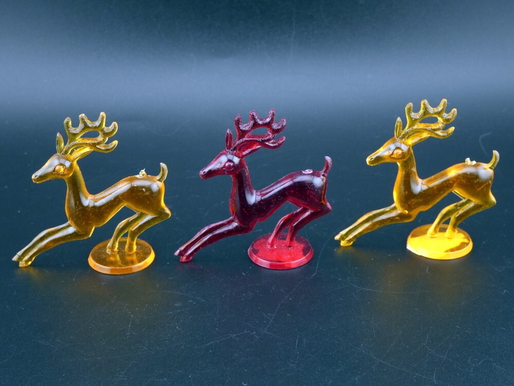 Vintage Christmas Translucent Red and Yellow Reindeer Plastic Ornaments Lot