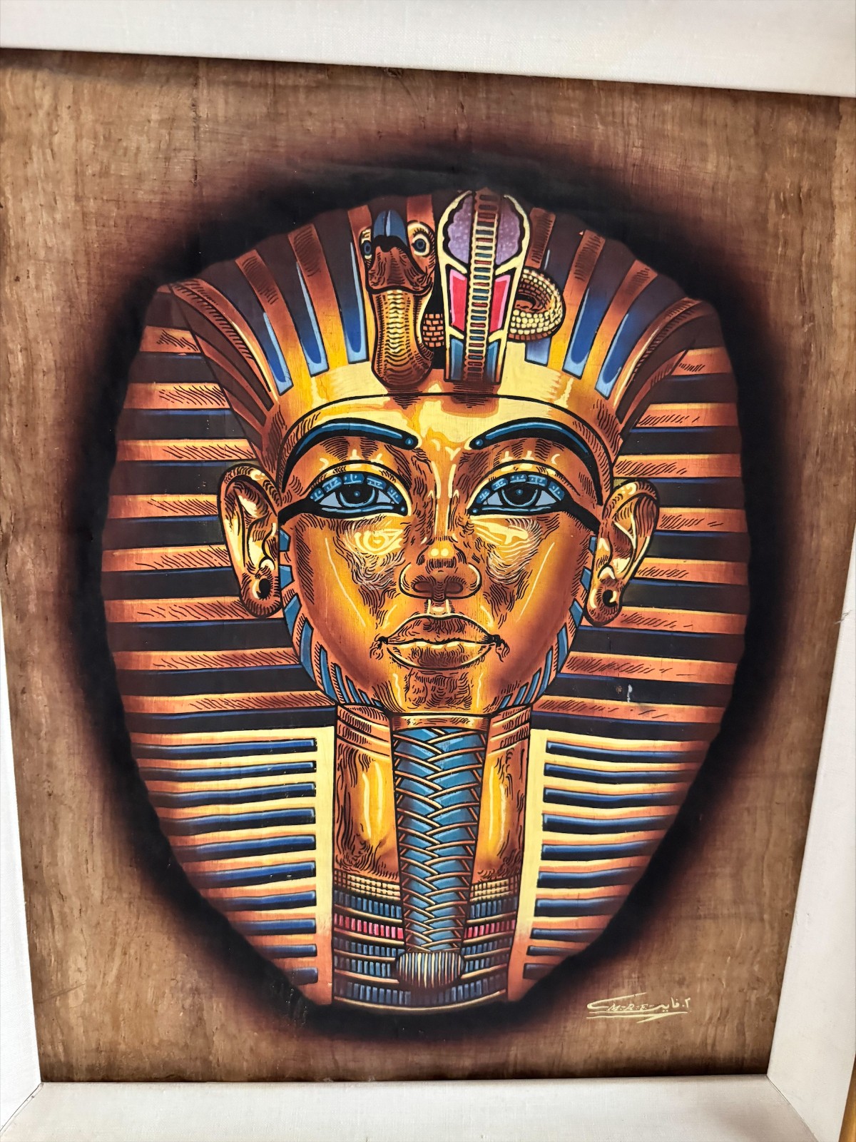 Unique Signed MRF Egyptian Papyrus Painting Tutankhamun Golden Mask Framed 24×28