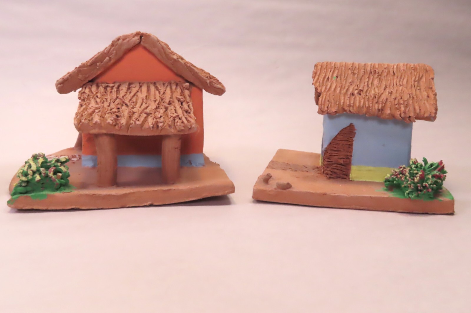 (4) Small Vintage Handcrafted Painted Terra Cota Clay House Folk Art Decor 2″
