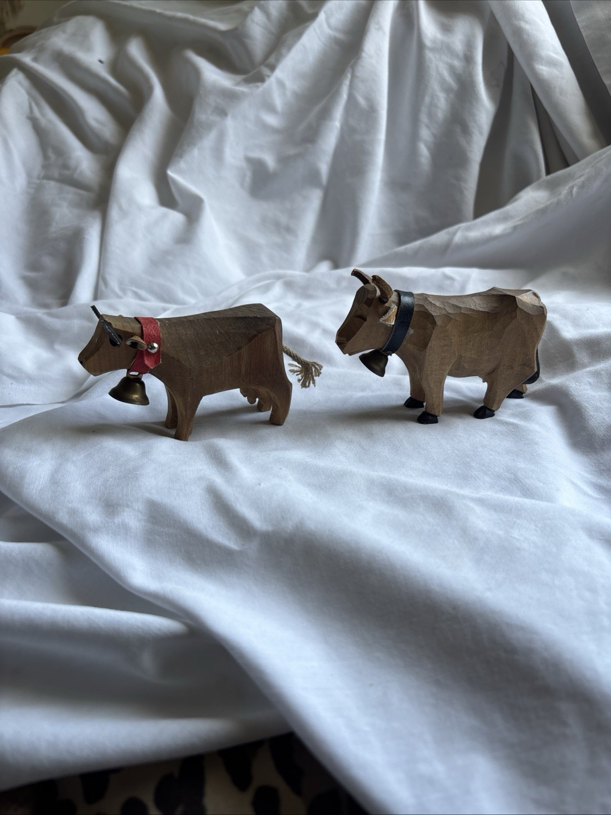Vintage Hand Carved Wooden Cow Figurines with Bells