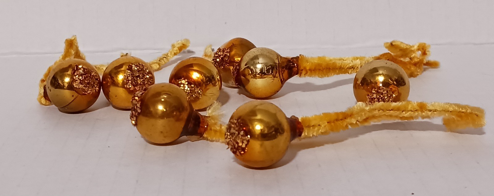 Vintage Christmas Lot Of 8 Glass Ball Gold Chenille Pipe Cleaner Tie On Ornament