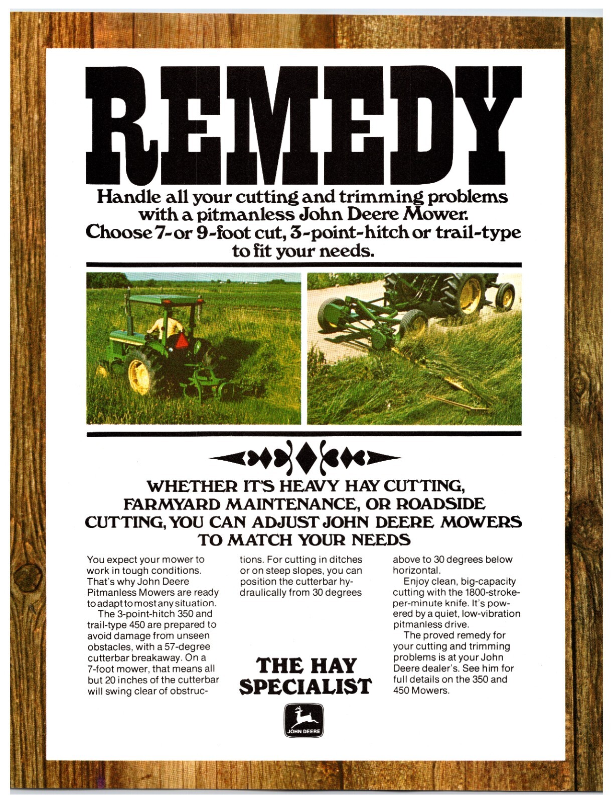 1970s John Deere Sickle Mowers – Original Print Advertisement (8.5in x 11in)