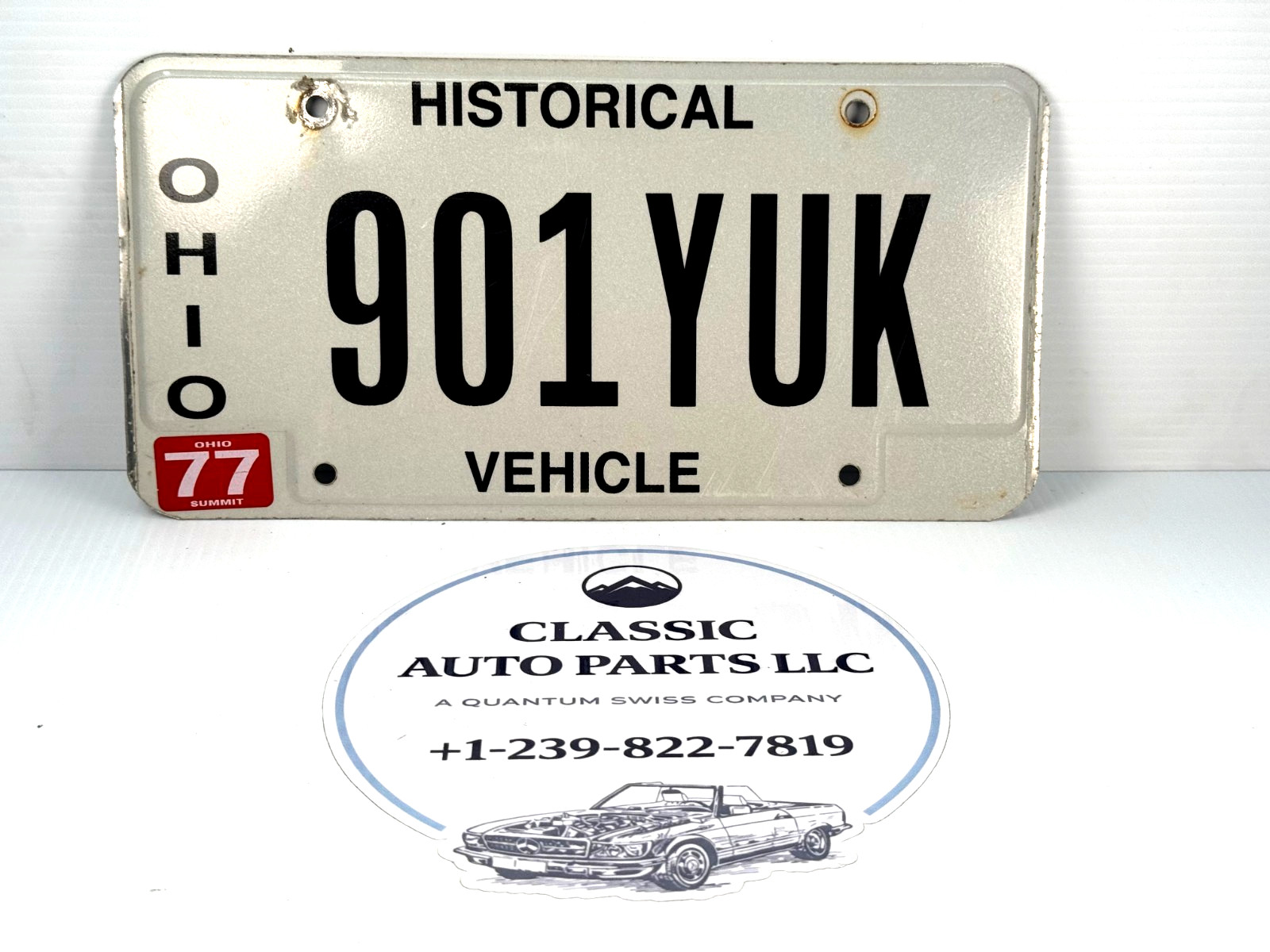 Ohio Historical Vehicle License Plate 901YUK Vintage DMV Tag White Black