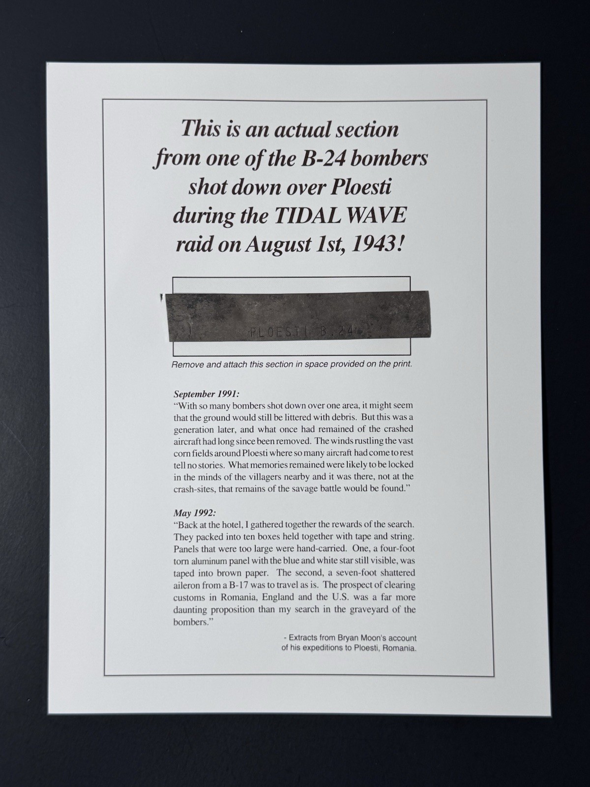 Actual Section From B-24 Bomber Shot Down Over Ploesti TIDAL WAVE 1943