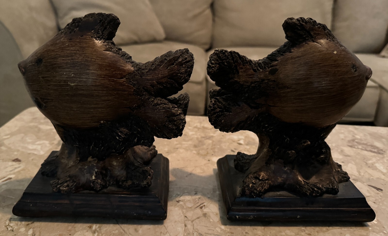 2 Large Fish Figurines Bookends exotic resin burled Wood 6×3.5×7
