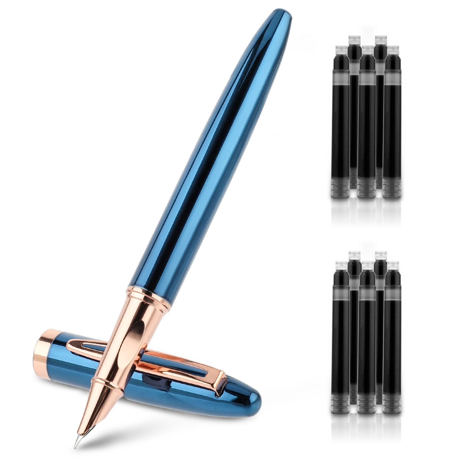 Metal Black Fountain Pen Set, 0.38Mm Fine Nib Fountain Pen with 10 3.4Mm Ink Car