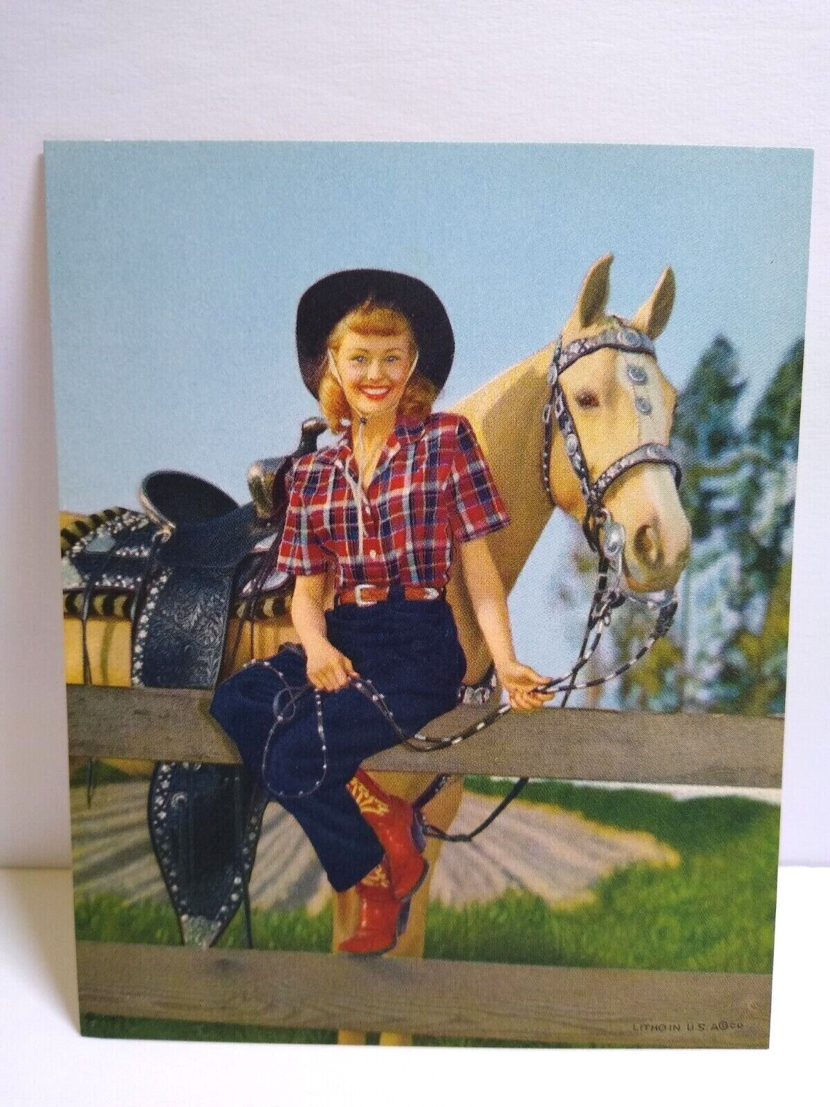 Cowgirl With Horse Vintage Unused Art Print 1940’s Western Ranch Lithograph