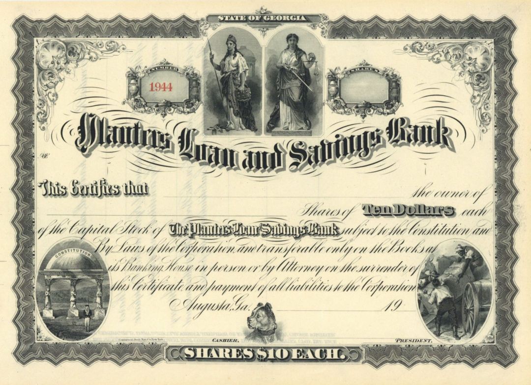Planters Loan and Savings Bank – Unissued Stock Certificate – Banking Stocks