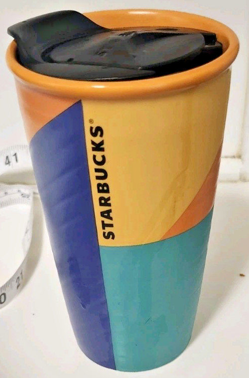 STARBUCKS 10 oz Raised Dot ceramic TUMBLER Color Block blue Travel Mug 2016
