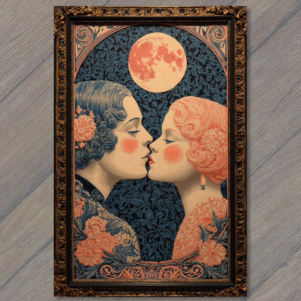 POSTCARD Lovers Under Moon Art Deco Style Floral Frame Romantic Night Lesbian