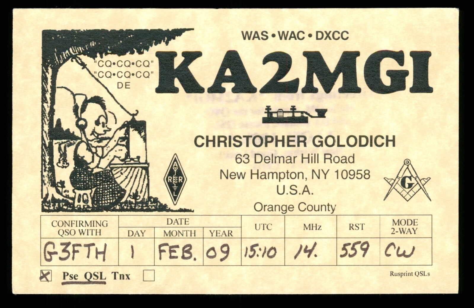 1 x QSL Card Radio USA KA2MGI New Hampton NY 2009 Christopher Golodich ≠ V814