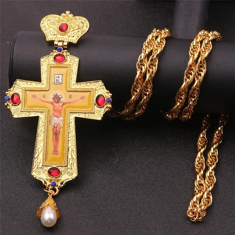 Orthodox Pectoral Cross Gold Crucifix Jesus Christ Bishop Necklace Christian