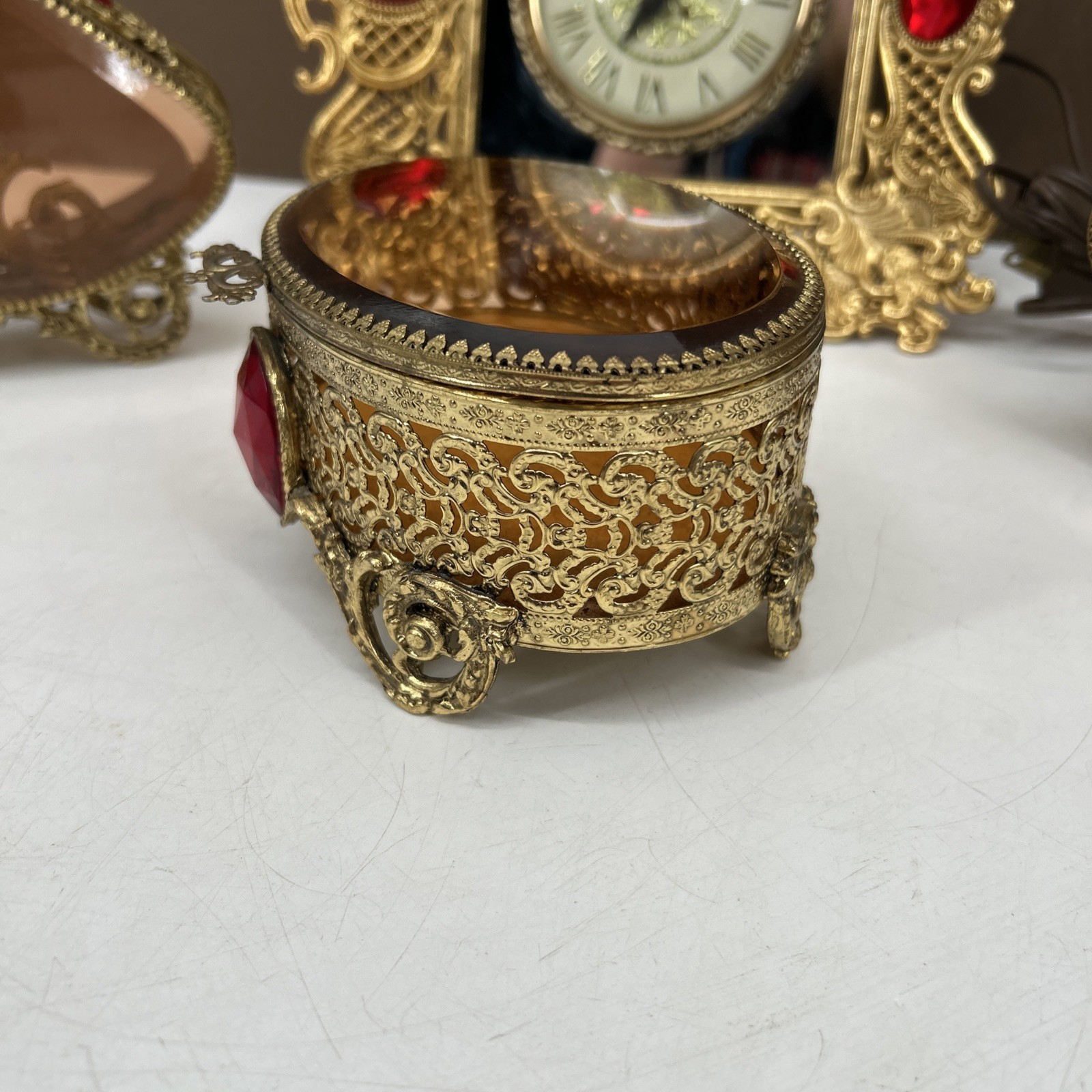 VTG Hollywood Regency Gold Ormolu Perfume Bottle Trinket Clock Filigree Vanity