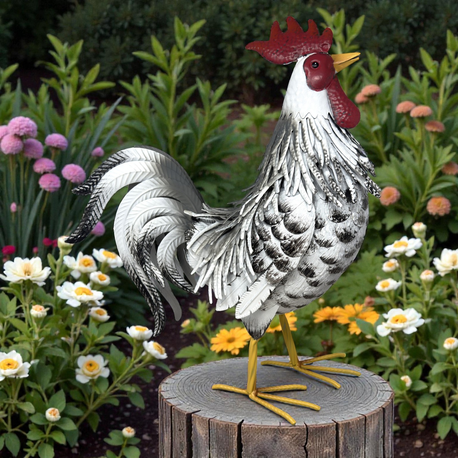 Country Rustic 21″ Tall White Black & Grey Metal Rooster Chicken Yard Garden Art