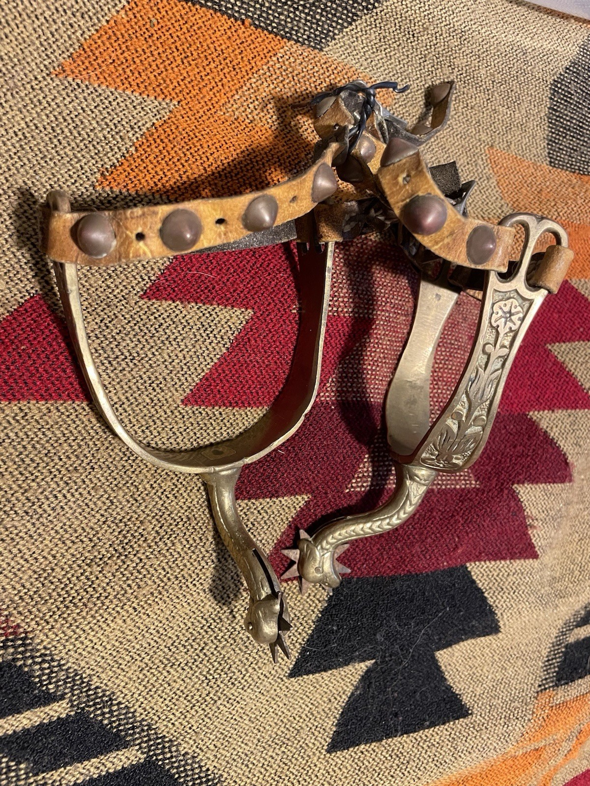 Brass Hooded Head Engraved Double Loops Straps Antique Spurs