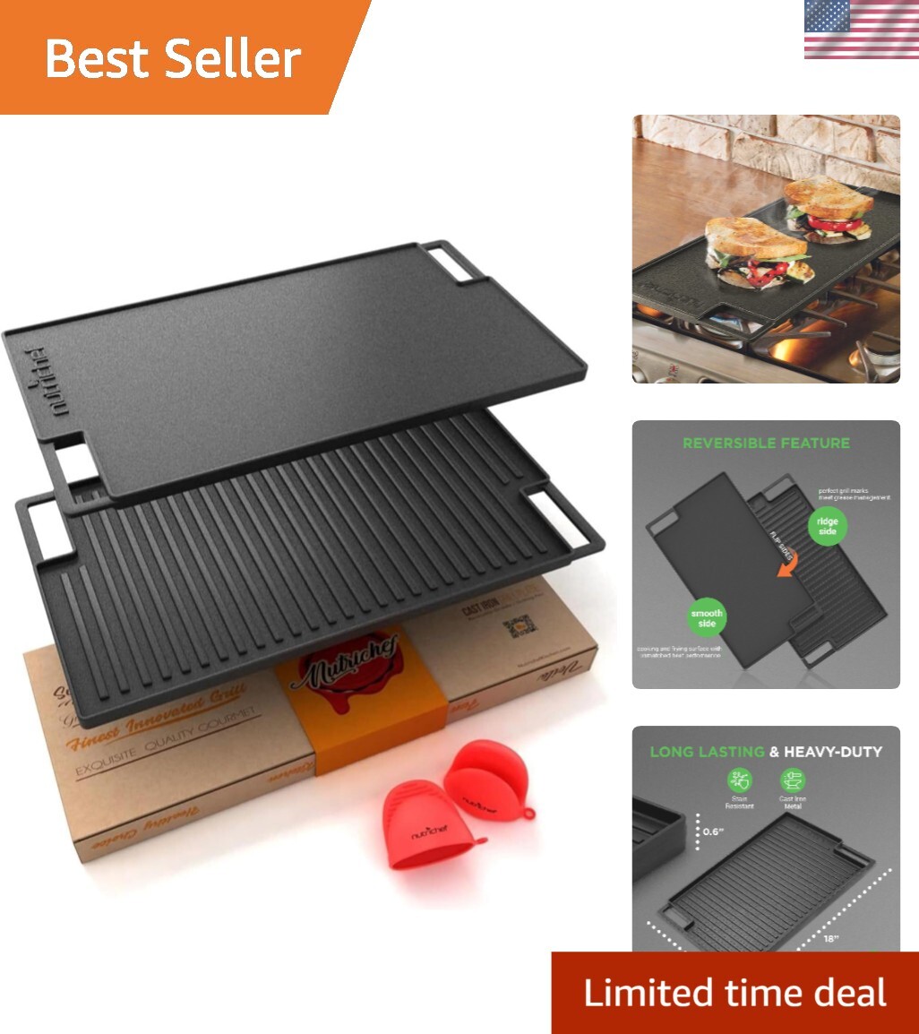 Versatile 18″ Cast Iron Griddle Pan – Flat and Ridged Cooking for Two Burners