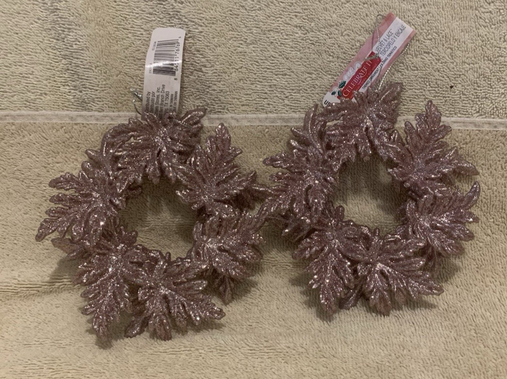2 Pc Celebrate It LAVENDER GLITTERED ACRYLIC Leaf Wreath Ornaments 5″ – NWT