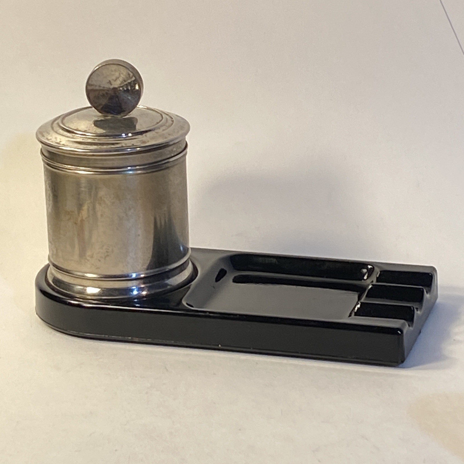 VTG Art Deco Black Lacquer Cigarette Holder Ashtray Set Machine Age Modernist