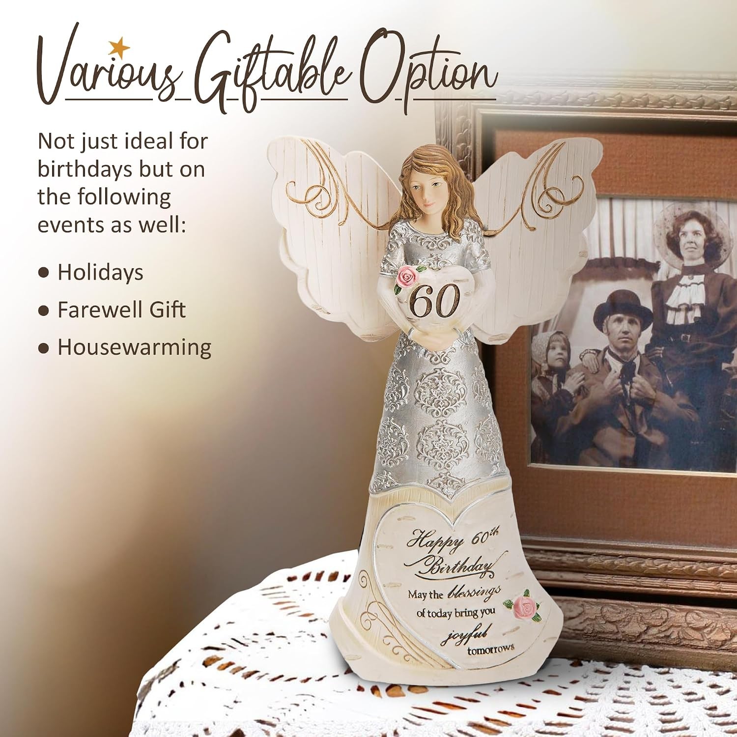Pavilion Elements Angels Figurine – Guardian Angel Figure Display – Happy 60th