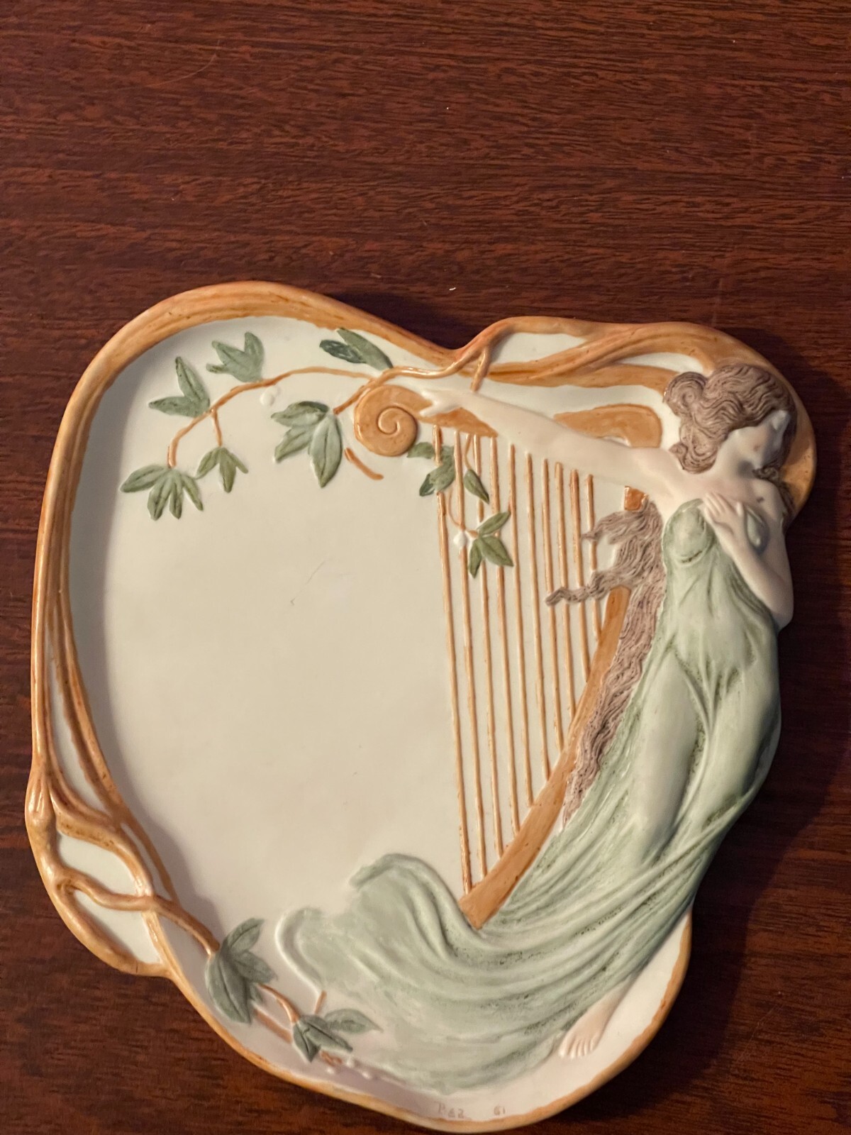 RARE Vintage art deco ceramic/earthenware plate lady with harp signed