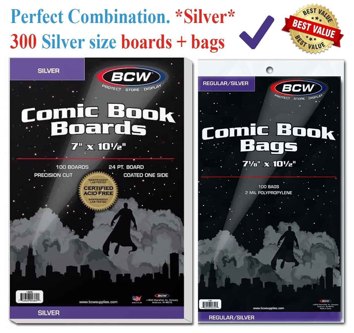 300 BCW Silver Era Comic Book Bags Sleeves + Acid Free Back Boards 7 x 10 1/2″