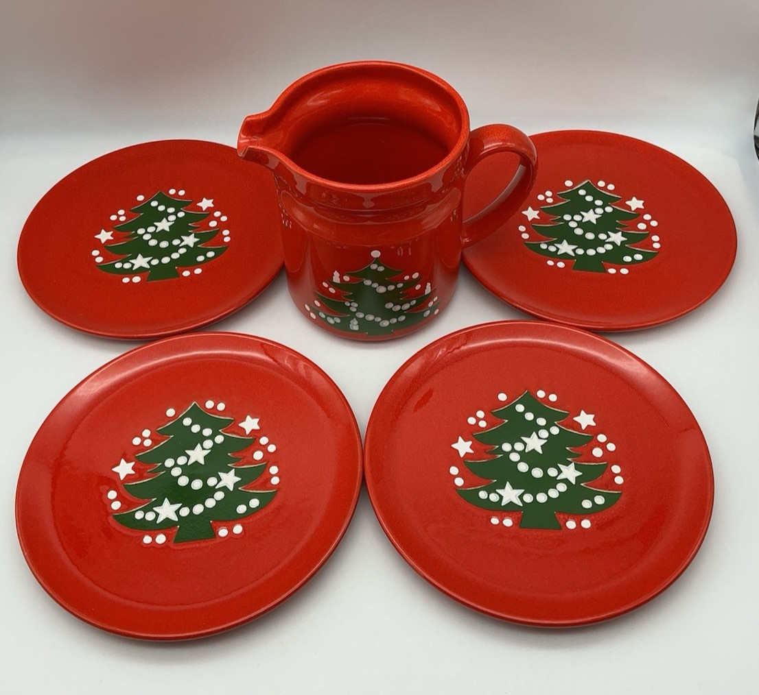 Waechtersbach W. Germany Red Pitcher 1970’s & Set of 4 Salad Plates 7.75 Inch