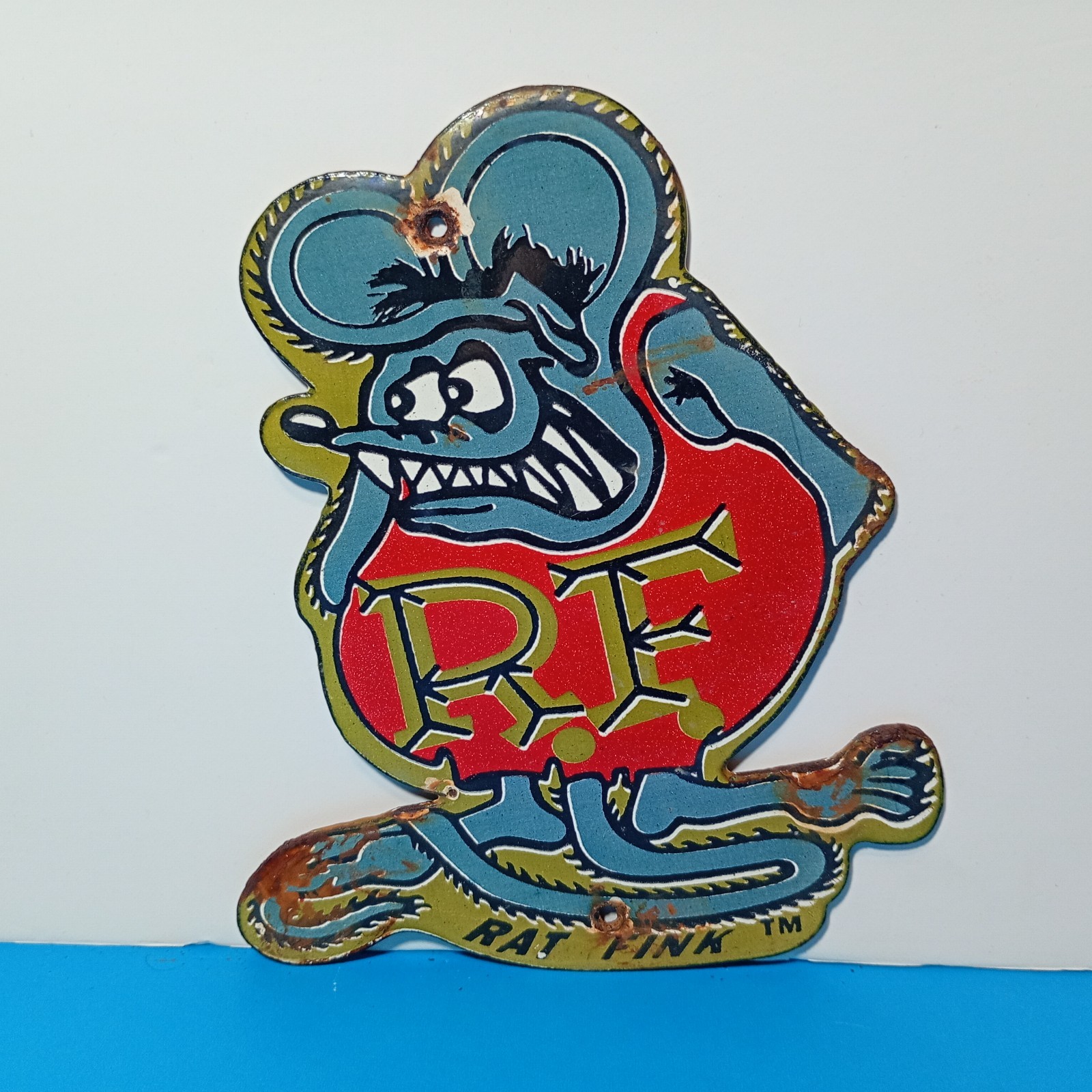 Vintage Rat Fink Ed Roth Porcelain Enamel Sign 6″ x 5″ Inches