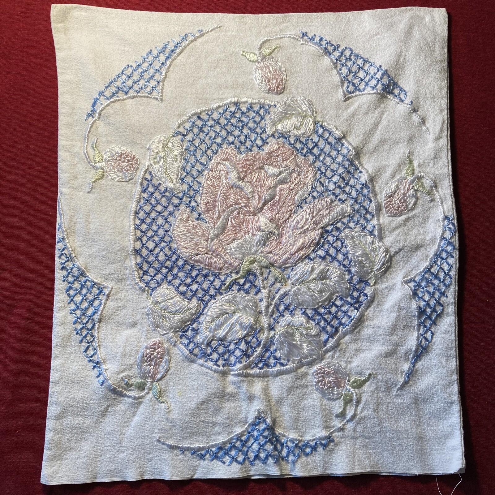 Vintage White Embroidered Floral Pillow Cover 16”X14” Barkcloth No Zip Closure