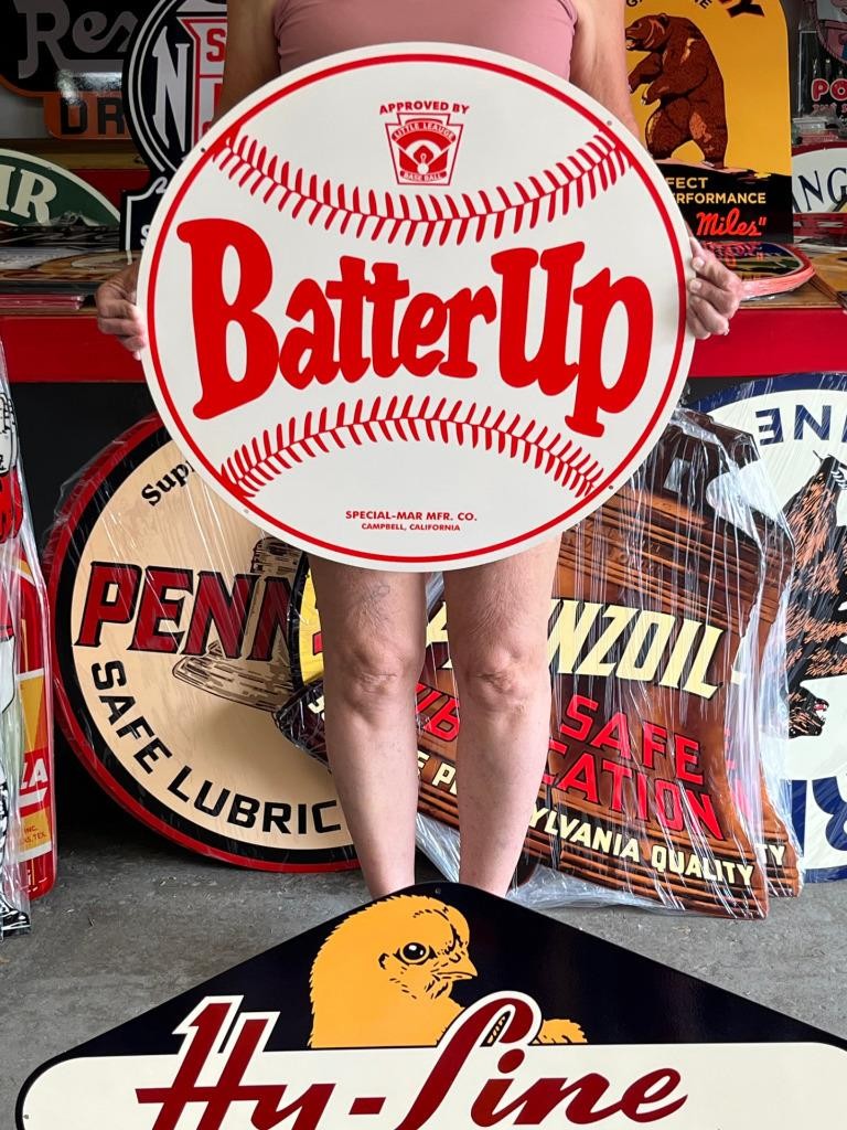 Vintage Old Style Sign Batter Up Baseball NOT Porcelain Made in USA 24×24