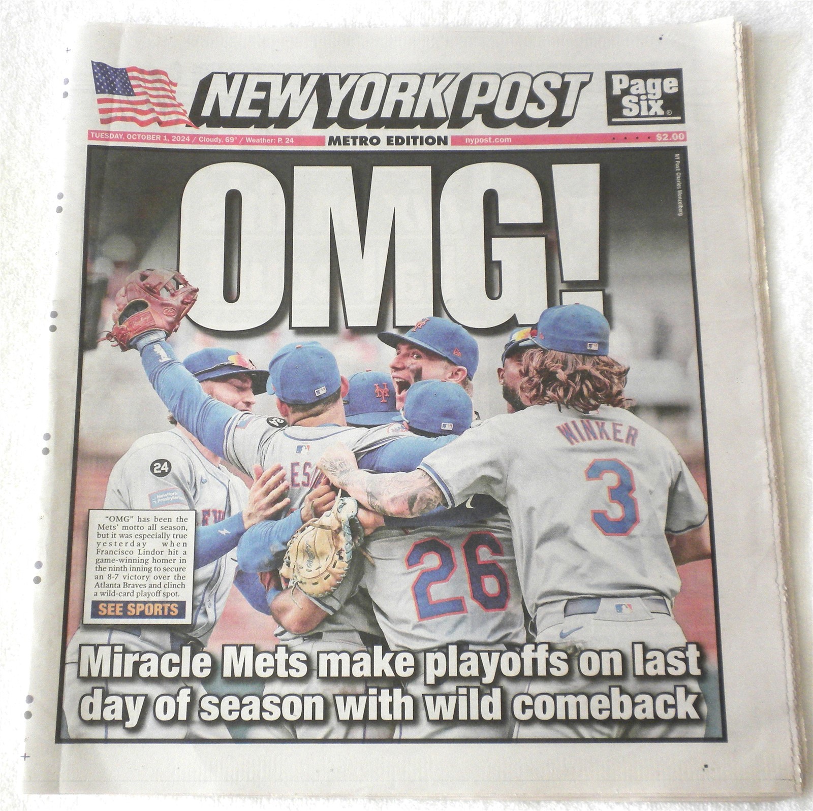 NY POST NEWSPAPER OMG ! MIRACLE METS MAKE PLAYOFFS ON LAST DAY COMEBACK 10-01-24