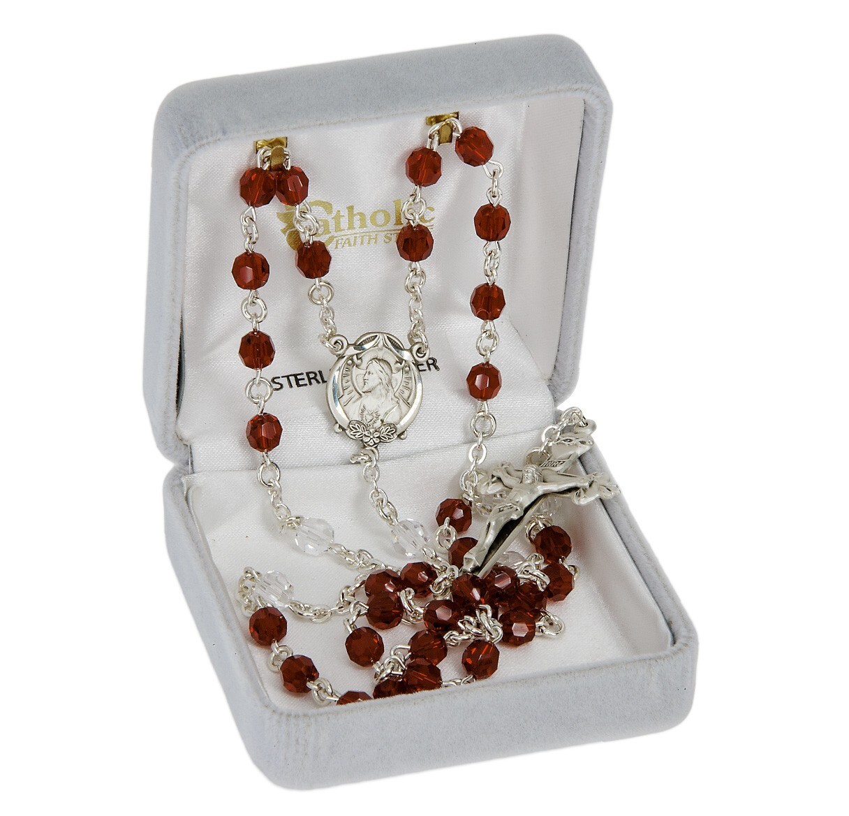 Sacred Heart of Jesus, Ruby Red, Sterling Silver 20″ Rosary, US Made, Gift Box