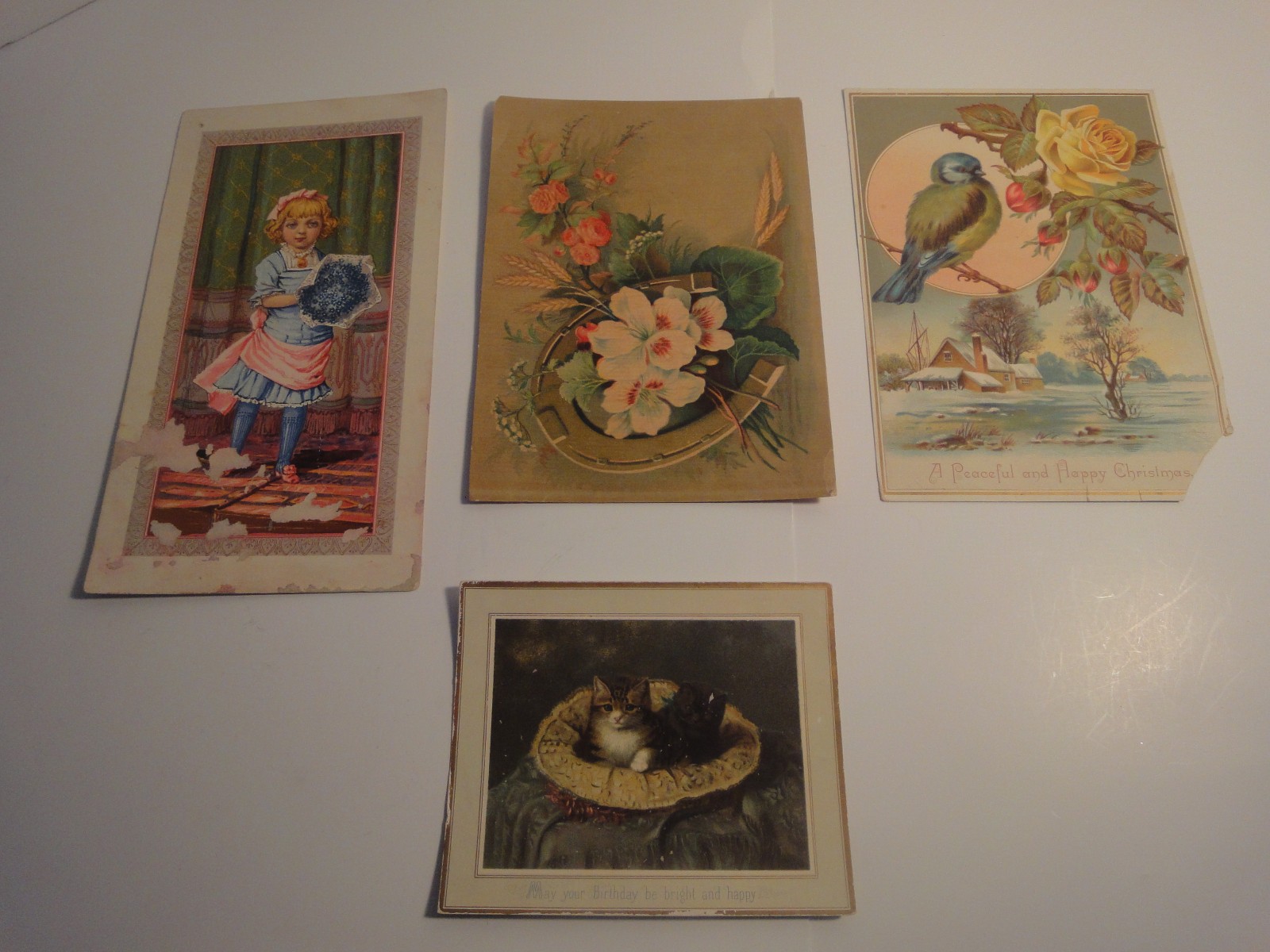 1881 Christmas Card Co. Young Girl with Flowers / Kitten’s Birthday Card 1884