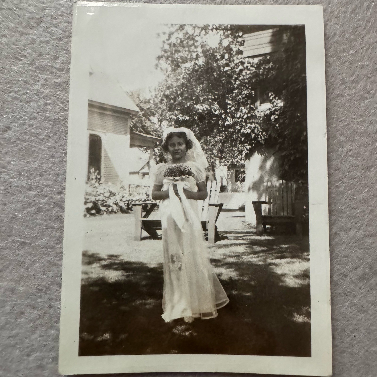 Vintage Old Candid Snapshot Photo Portrait Young Girl Holding Bouquet In Dress