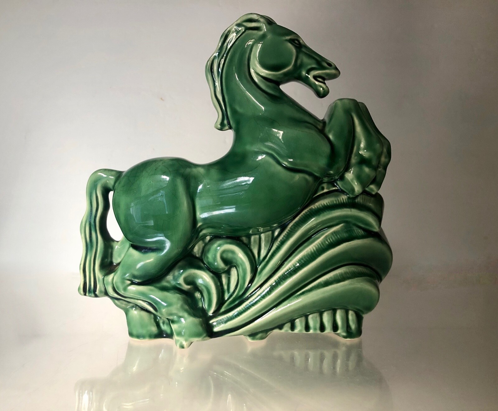 MCM CERAMIC LEAPING HORSE PLANTER FIGURAL ART POTTERY JADE GREEN 1940’s-1950’s