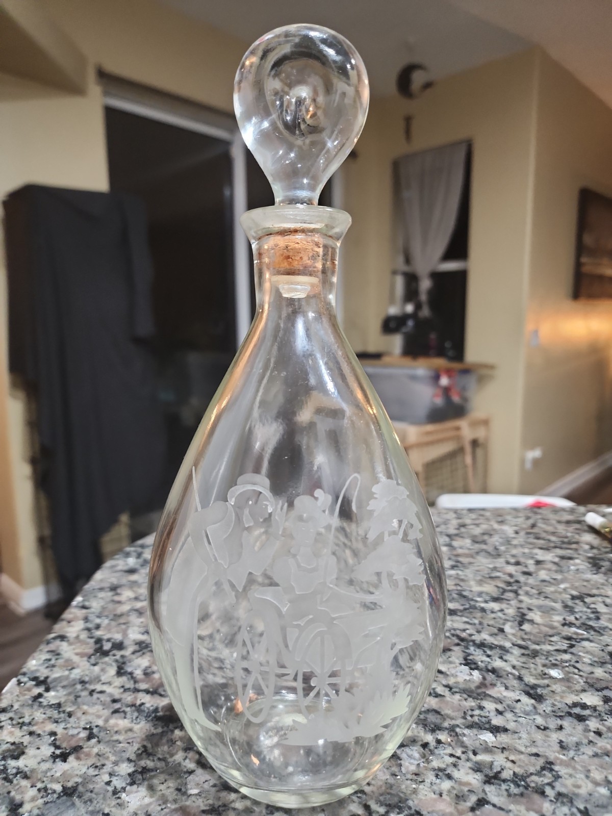 Vintage IW Harper Liquor Decanter Etched Gentleman Lady Carriage w/ Cork Stopper