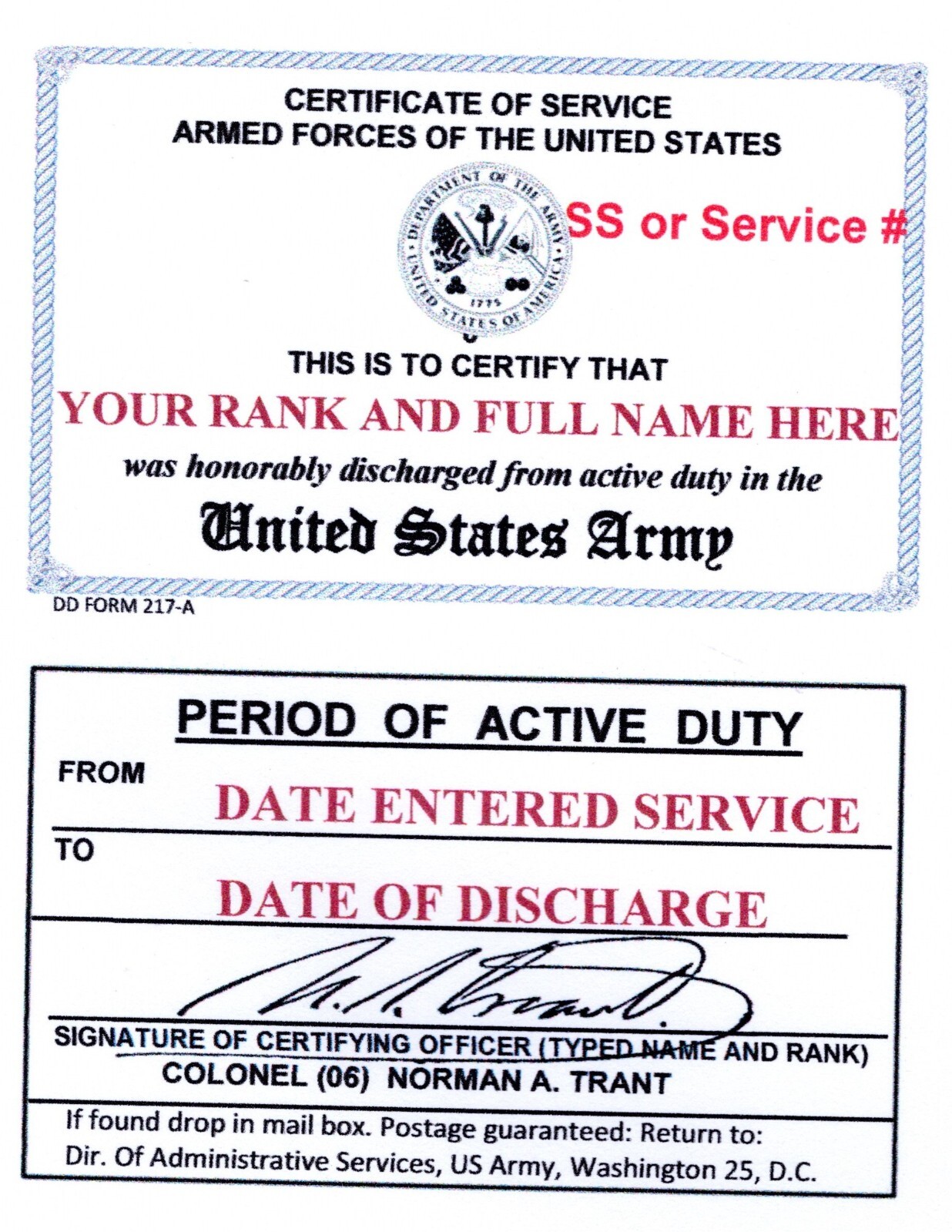 United States Army Honorable Discharge Laminated Card 2 1/8 X 3 3/8