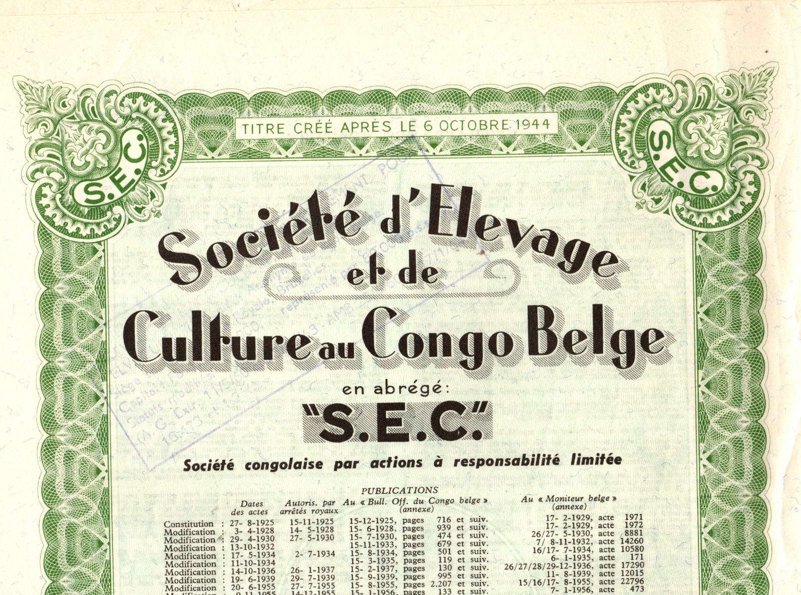 Societe d Elevage – Congo Belge – Original Bond Certificate – 1944 – #079986