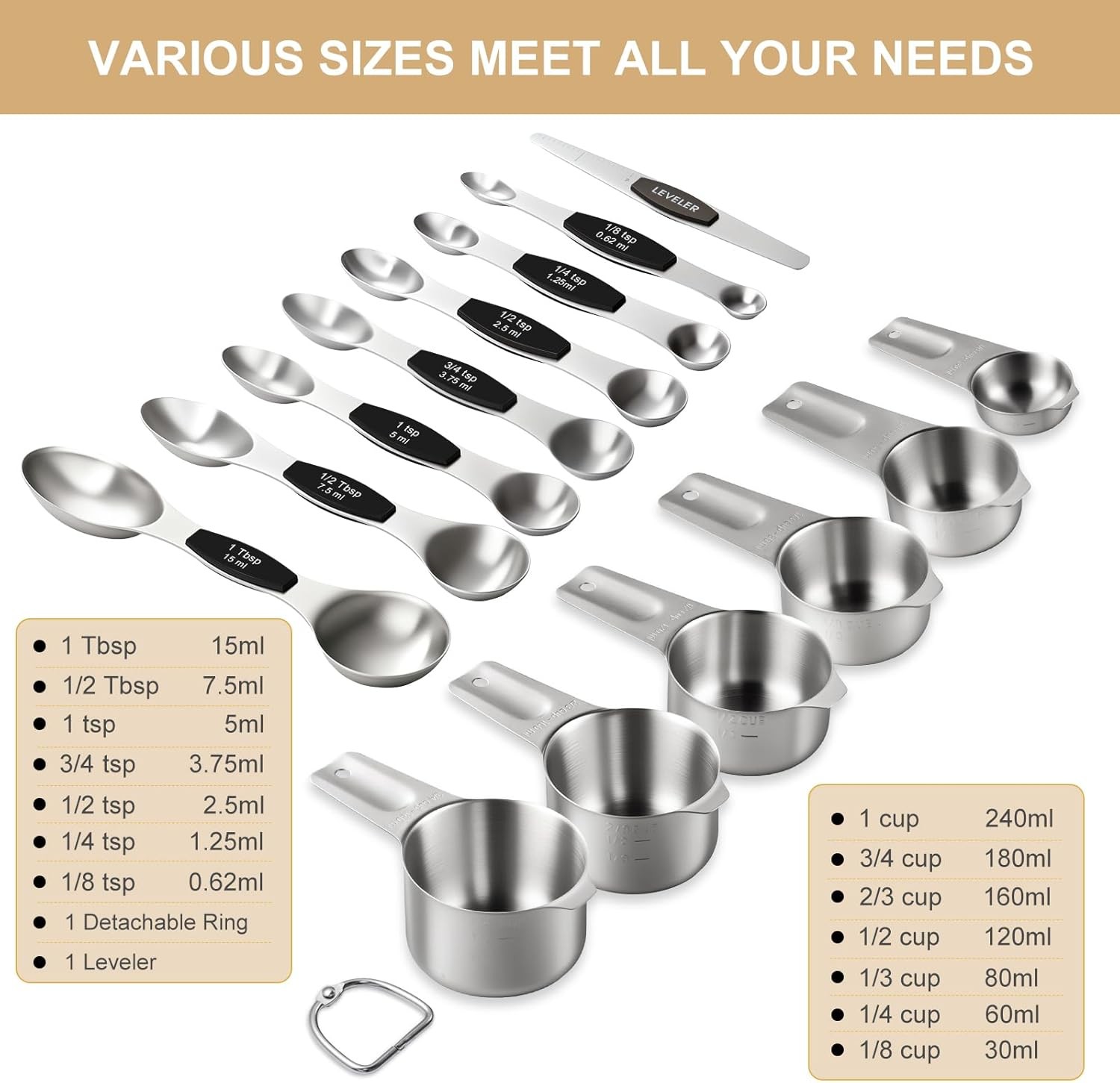 15Pcs Black Nesting Measuring Cups Spoons Set with Leveler