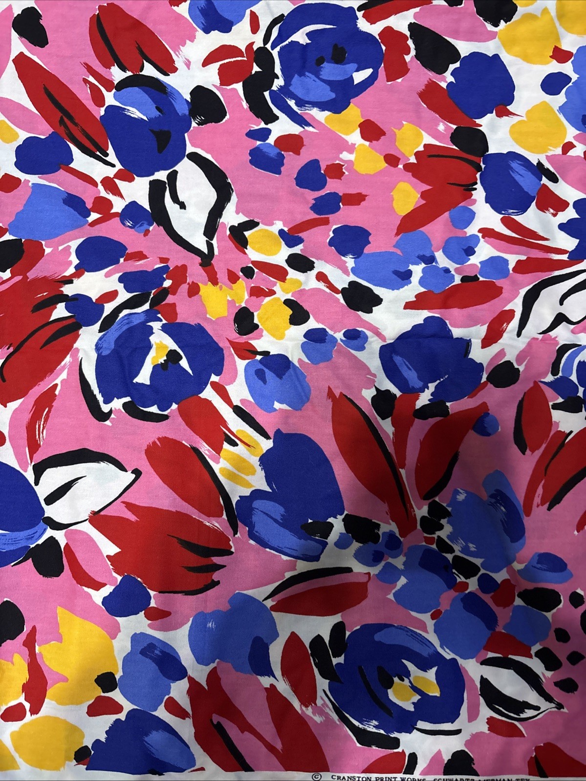 Vintage Cranston Schwartz Cotton Fabric – Vivid Abstract Watercolor Floral 2.25y