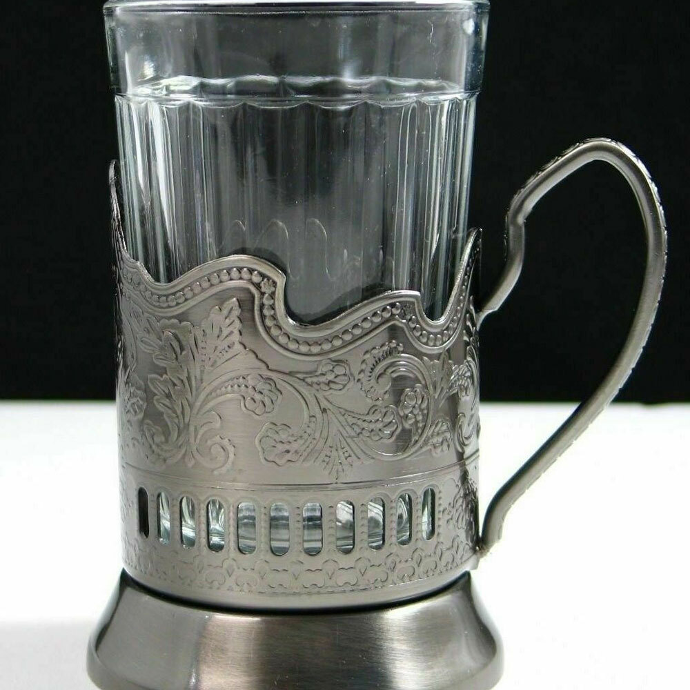 Russian Metal Tea Glass Holder Podstakannik w/ Soviet 20 Facet Granyonyi 8.5 oz