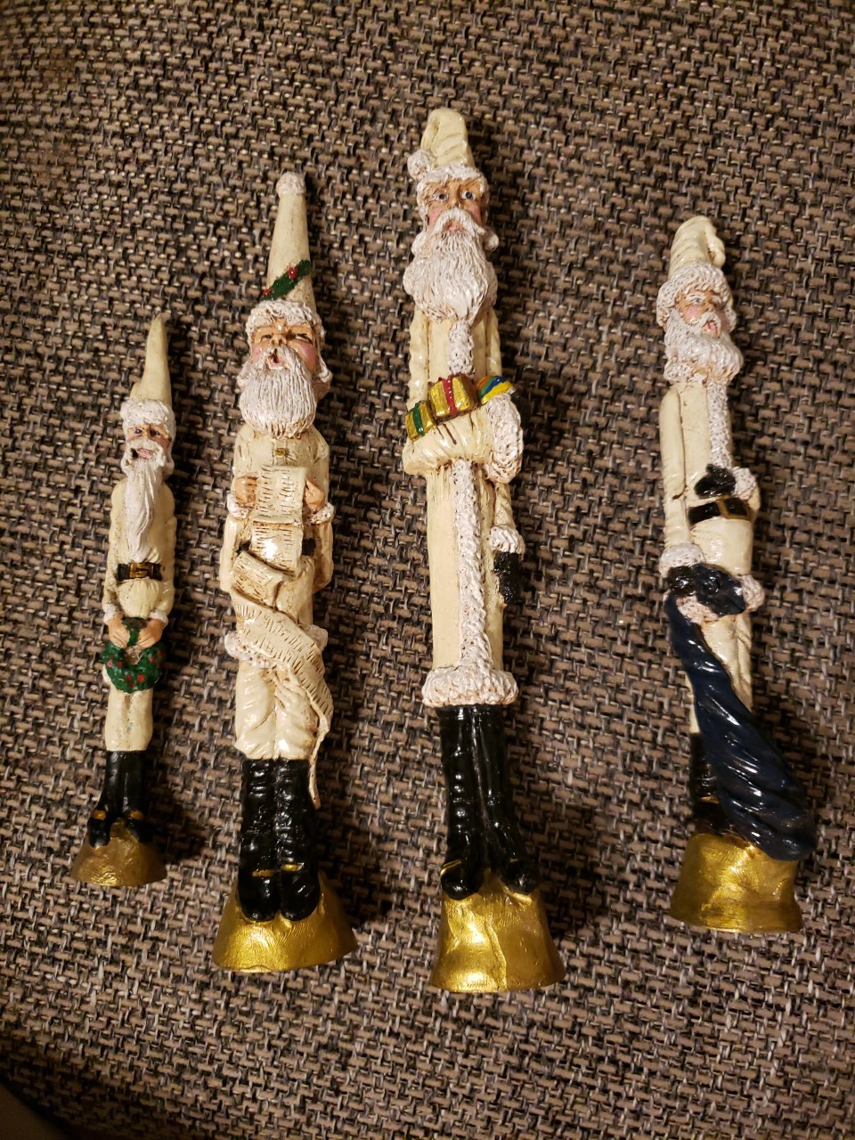 4 Beige Gold Vintage PENCIL SANTA Figurines Christmas Resin Whimsical Holiday