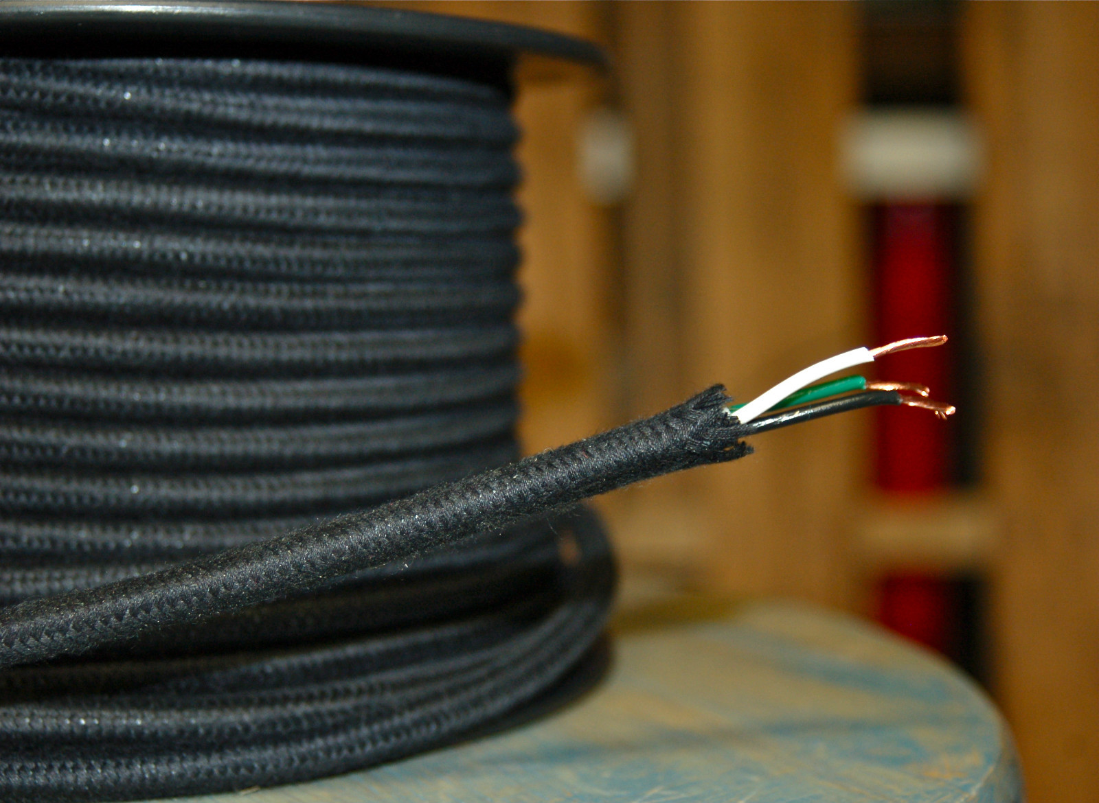Black Cotton Cloth Covered 3-Wire Round Cord, Vintage Lamp 18ga power cable, USA