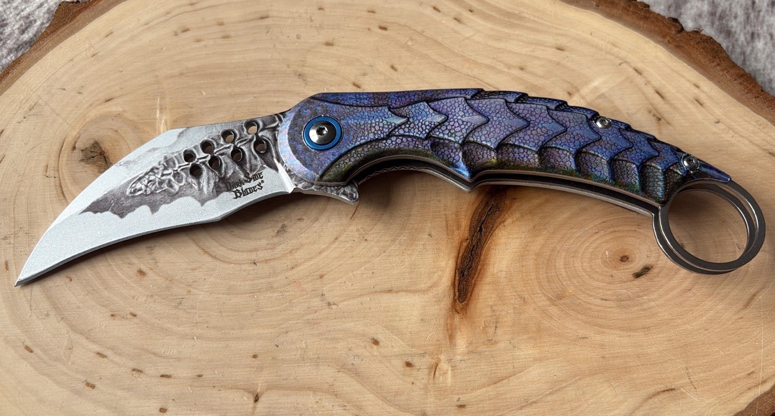 8” Overall Blue Dragon Design Spring Assist Karambit Style Folding Pocket Knife