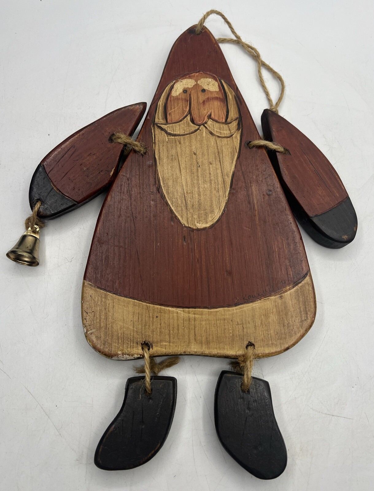 Wood Hanging Santa Folk Art Style Primitive Twine Arms Legs