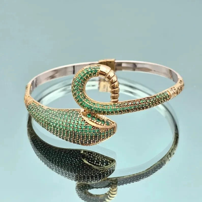 Emerald Green Gemstone 14K Two-Tone Gold Over Animal Snake Figure Cuff Bangle