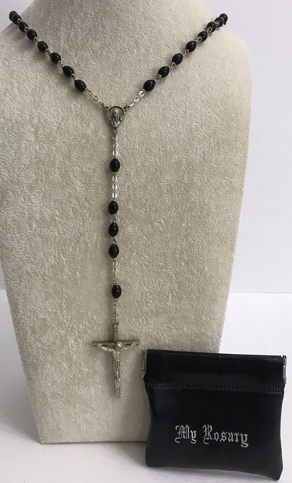 Vintage Rosary Catholic Black Beads Religious Jesus Crucifix Italy w/ Pouch