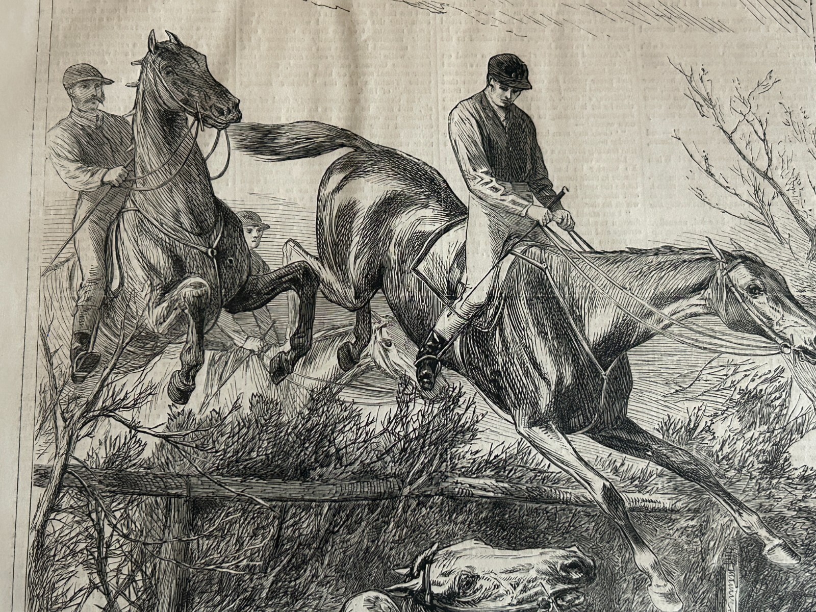 1871 Steeple Chasing Print Page Every Saturday Rough Poor Vintage Antique Orig